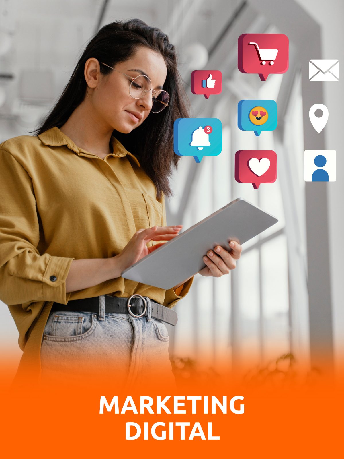 Servicio de marketing digital de Helix Publicidad: mujer con una tableta rodeada de iconos de redes sociales